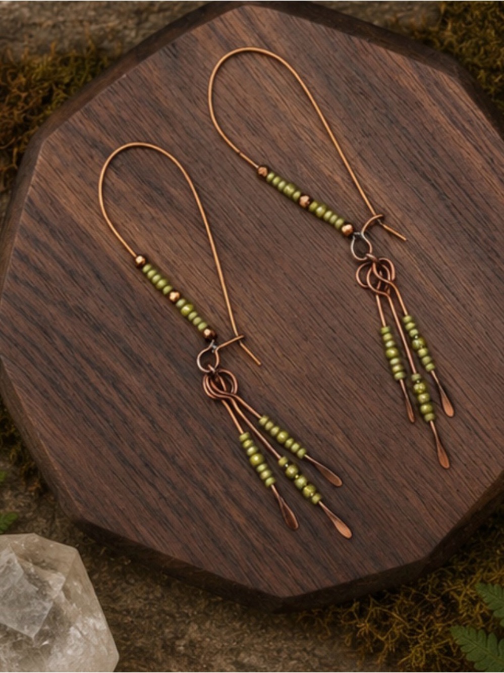 Copper Earrings with Olive Green Beads